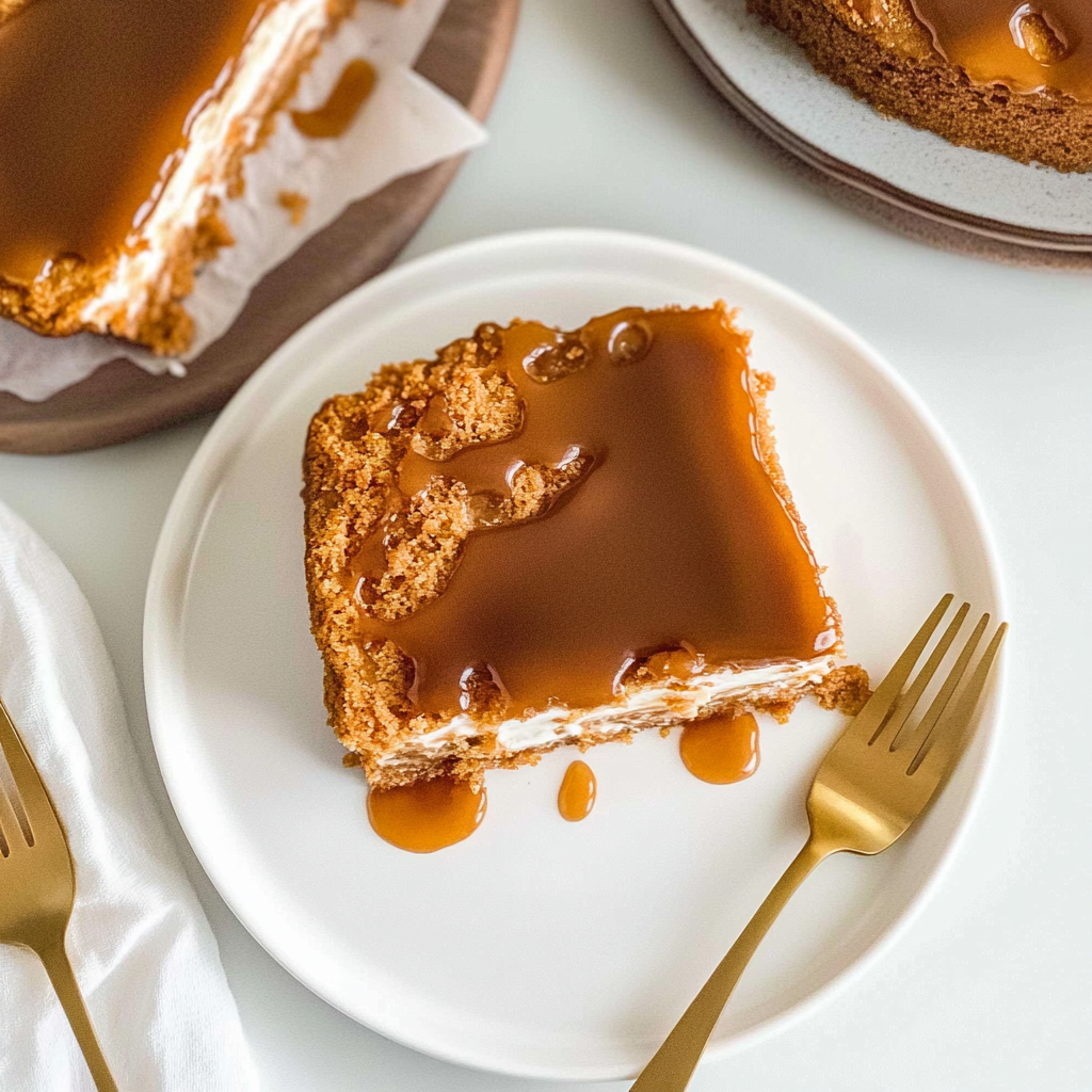 Recipe preparation for Gingerbread Poke Cake with caramel