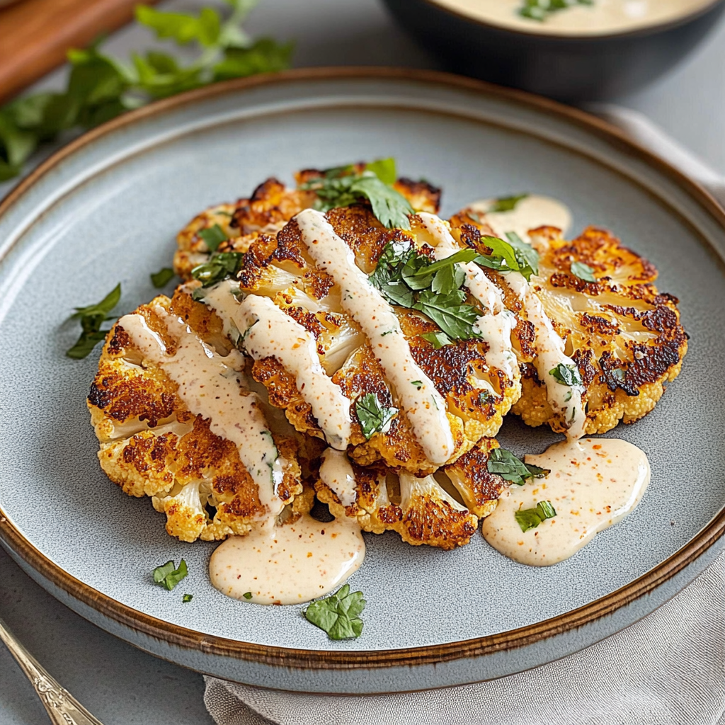 Recipe preparation for Sheet Pan Crispy Cauliflower Steaks with Tahini Glaze