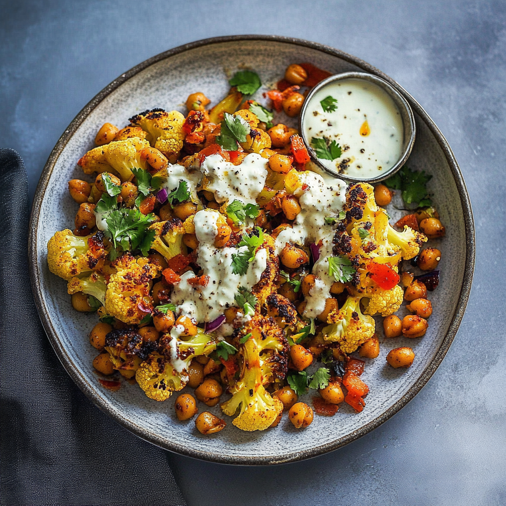Recipe preparation for Roasted Cauliflower & Chickpea Salad with Harissa Yogurt