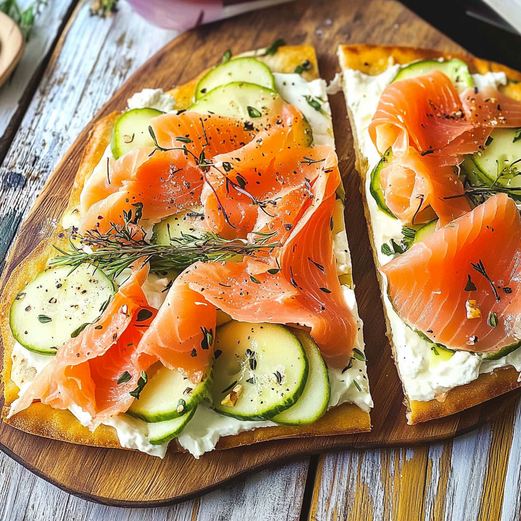 Recipe preparation for Smoked Salmon & Whipped Feta Breakfast Flatbread