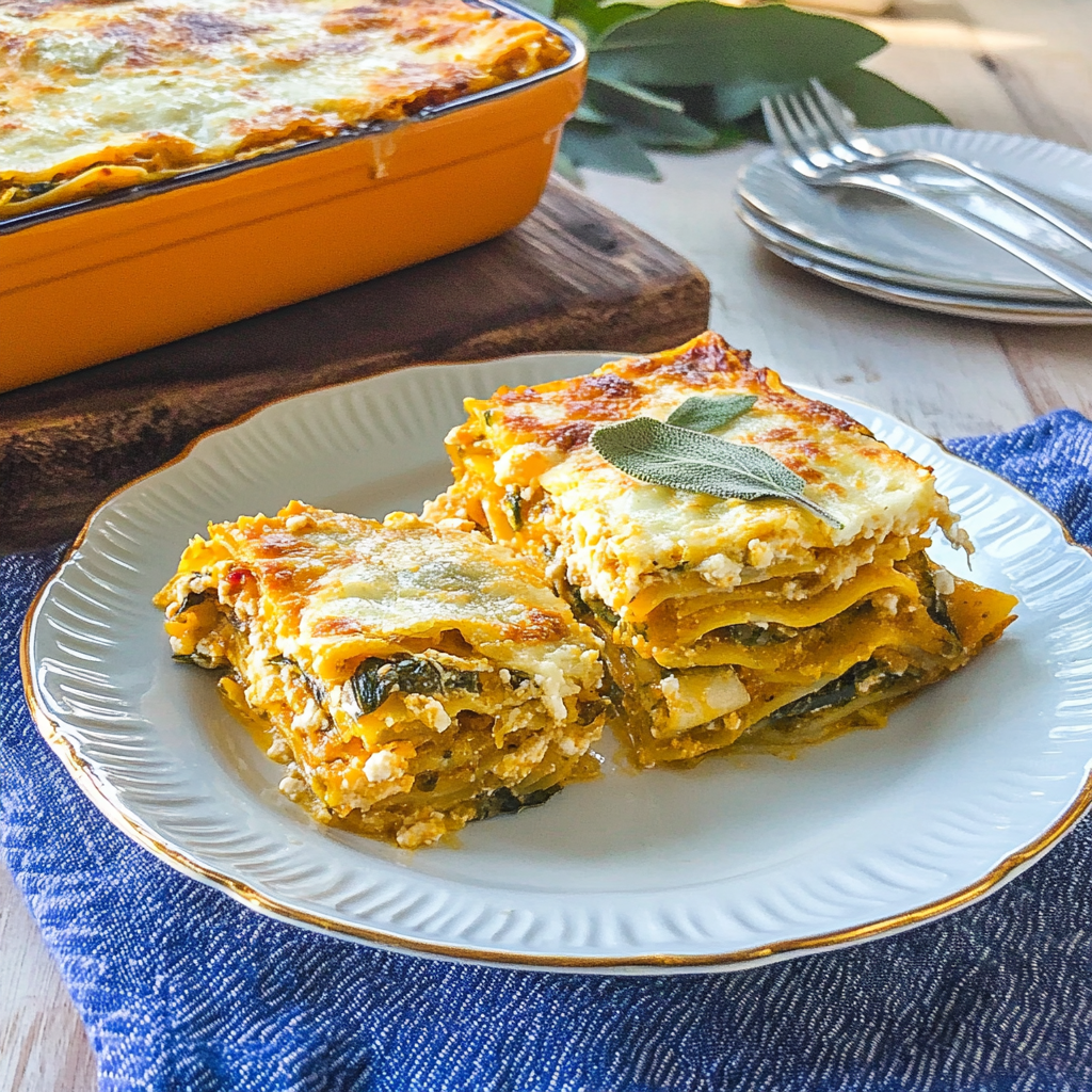 Recipe preparation for Vegetable Lasagna with Pumpkin Béchamel & Sage