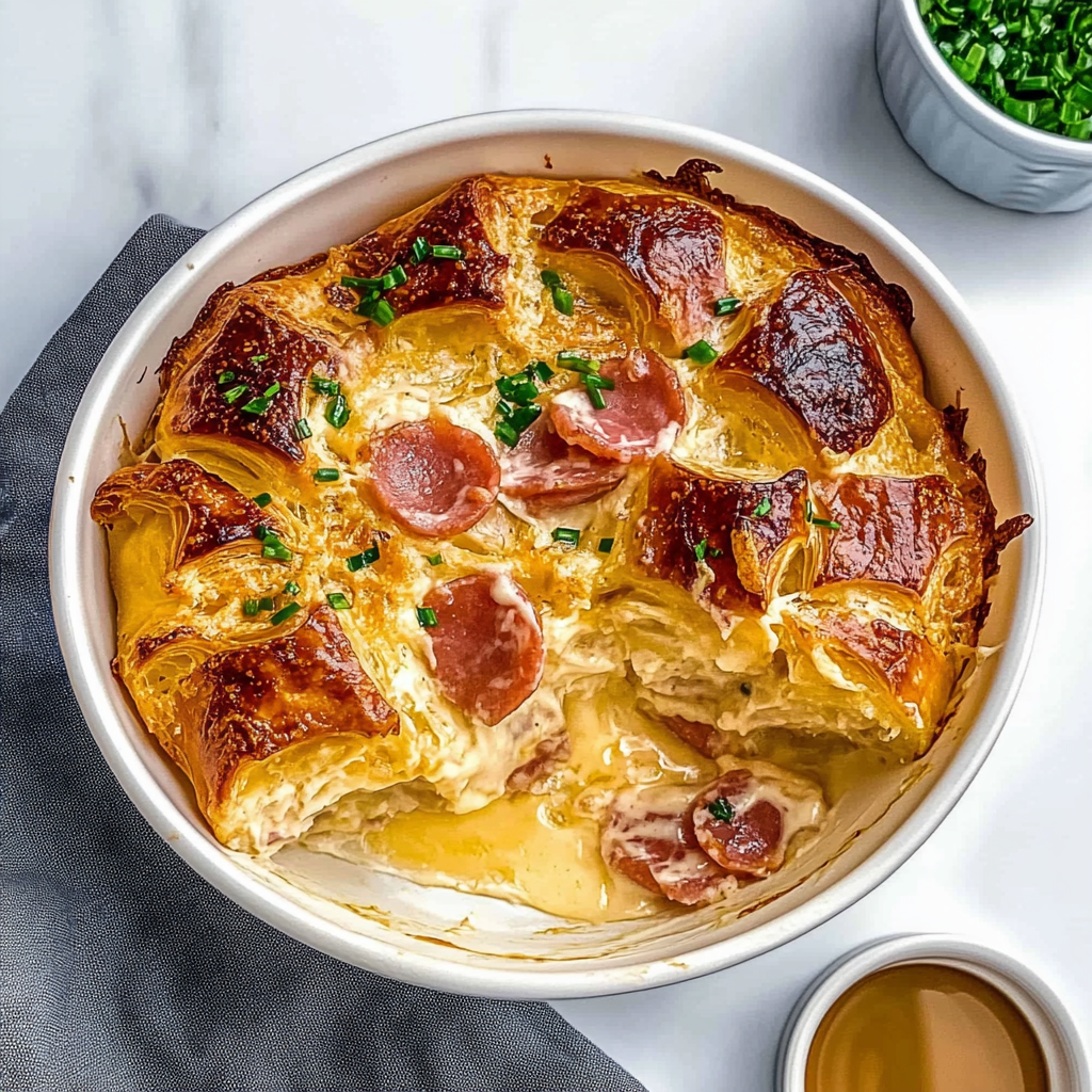 Recipe preparation for Ham and Cheese Croissant Bake