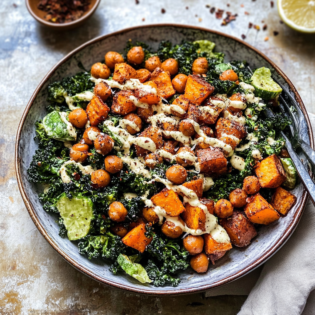 Recipe preparation for Kale Caesar Salad with Sweet Potatoes and Crispy Chickpeas