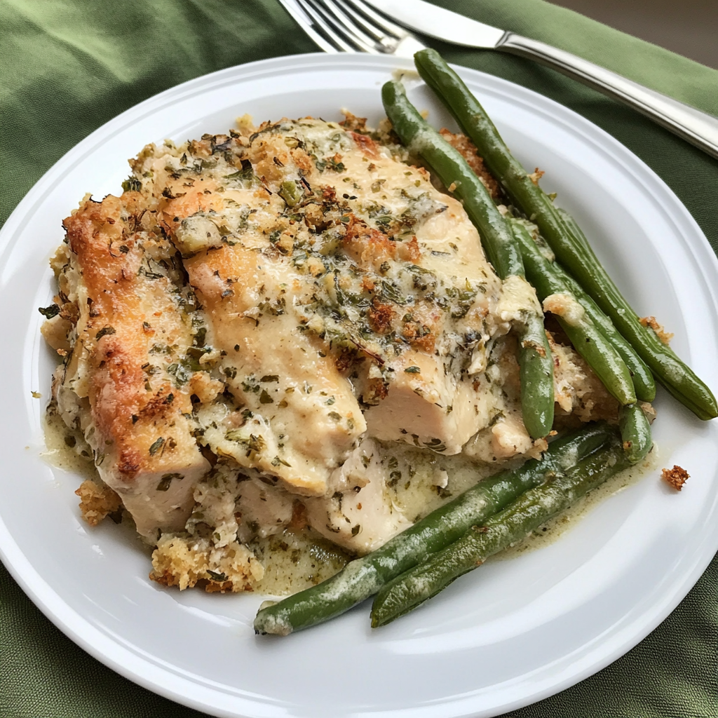 Recipe preparation for slow cooker chicken and stuffing with green beans