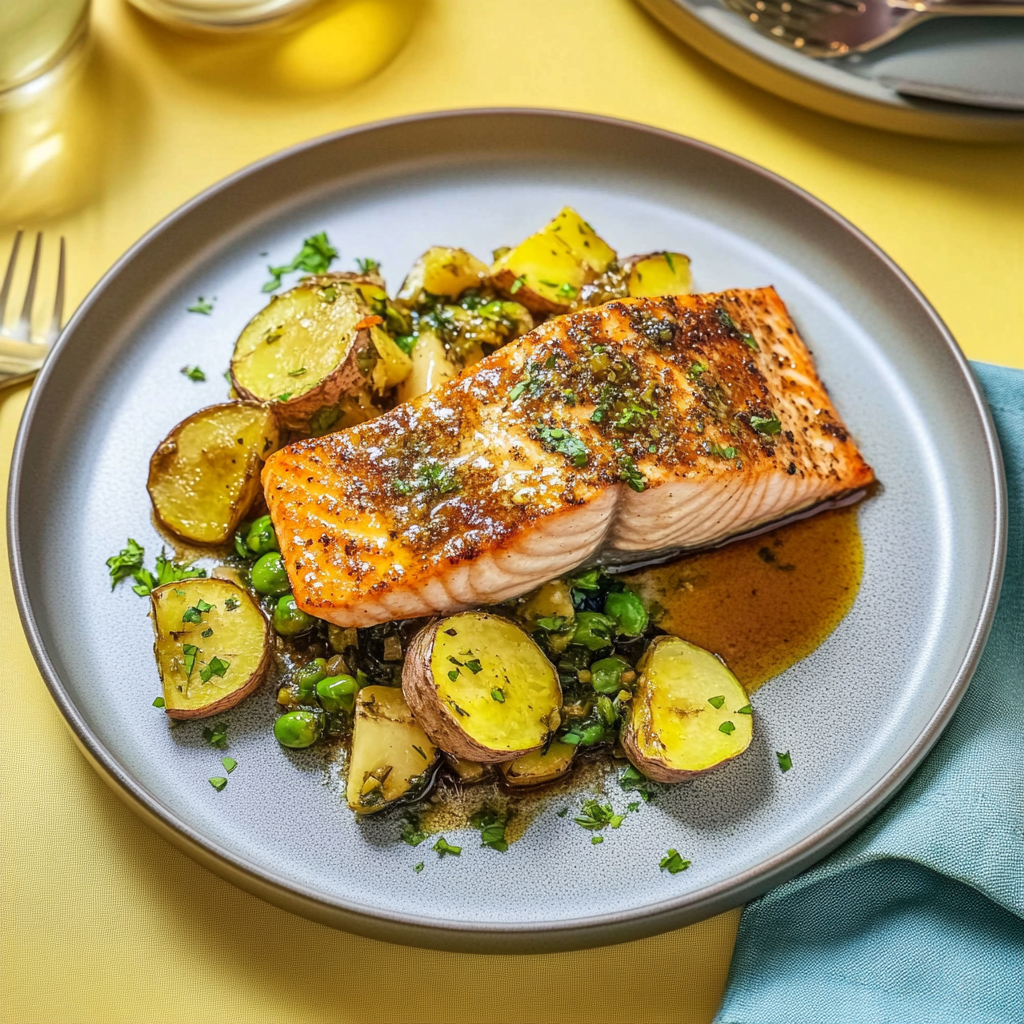Recipe preparation for Honey Mustard Glazed Sheet Pan Salmon with veggies