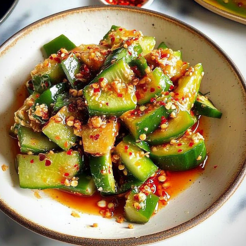Recipe preparation for Sichuan-Style Smashed Cucumber Salad with Chili Oil