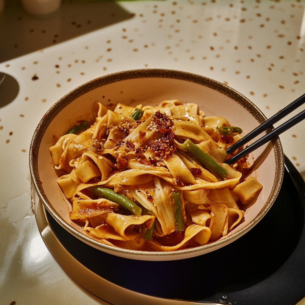 Recipe preparation for Hand-Pulled Biang Biang Noodles with Sizzling Oil