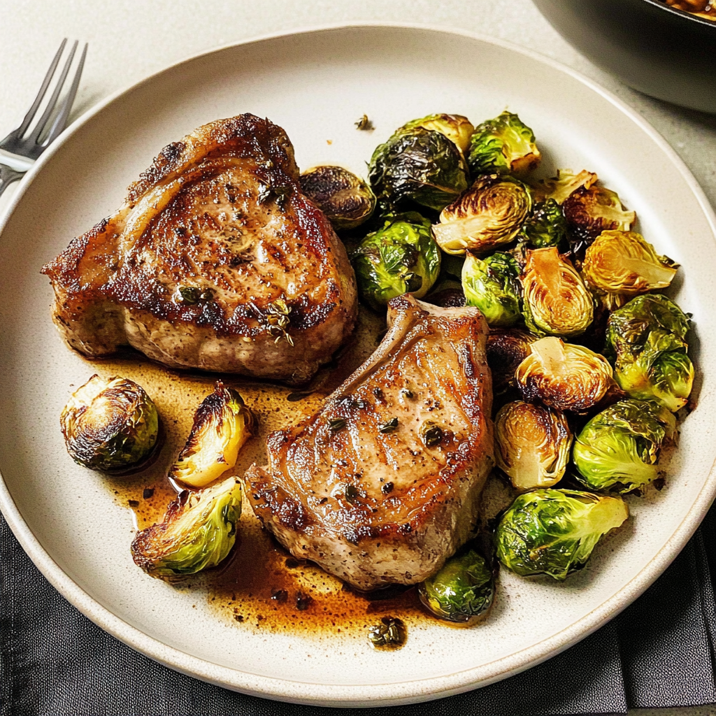 Recipe preparation for Sheet Pan Maple-Balsamic Brussels Sprouts & Pork Chops