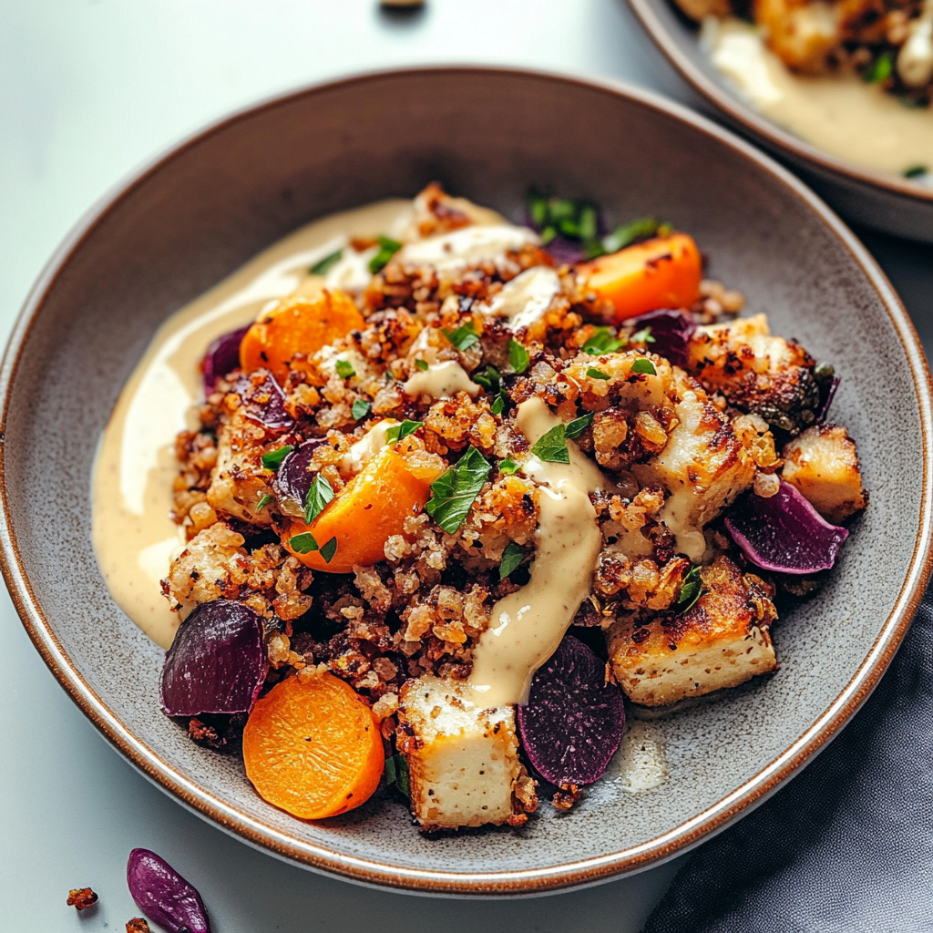 Recipe preparation for Sheet Pan Shaved Root Vegetables & Herb-Crusted Tofu