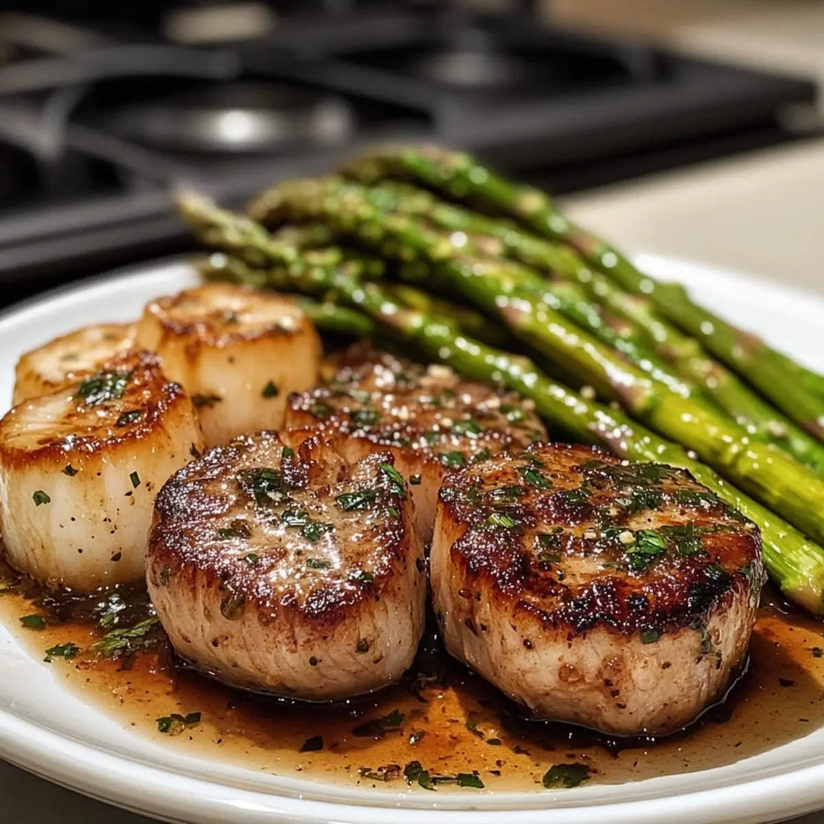 Scampi-Style Steak & Scallops with Roasted Asparagus